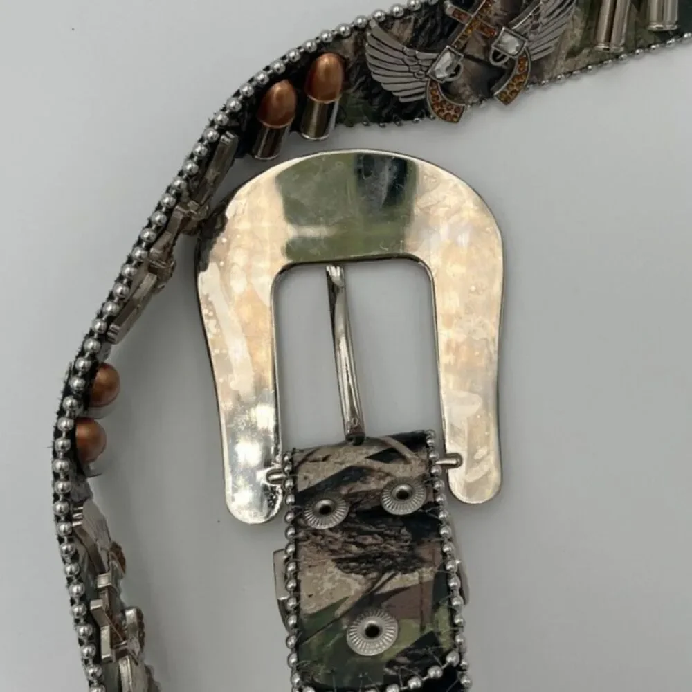 Studded Camo Leather Western Cowgirl Novelty Guns Bullets Rodeo Rhinestones XL/L